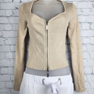 NWT Pink Rose Size XS Ribbed Zip-Up Beige Sweater